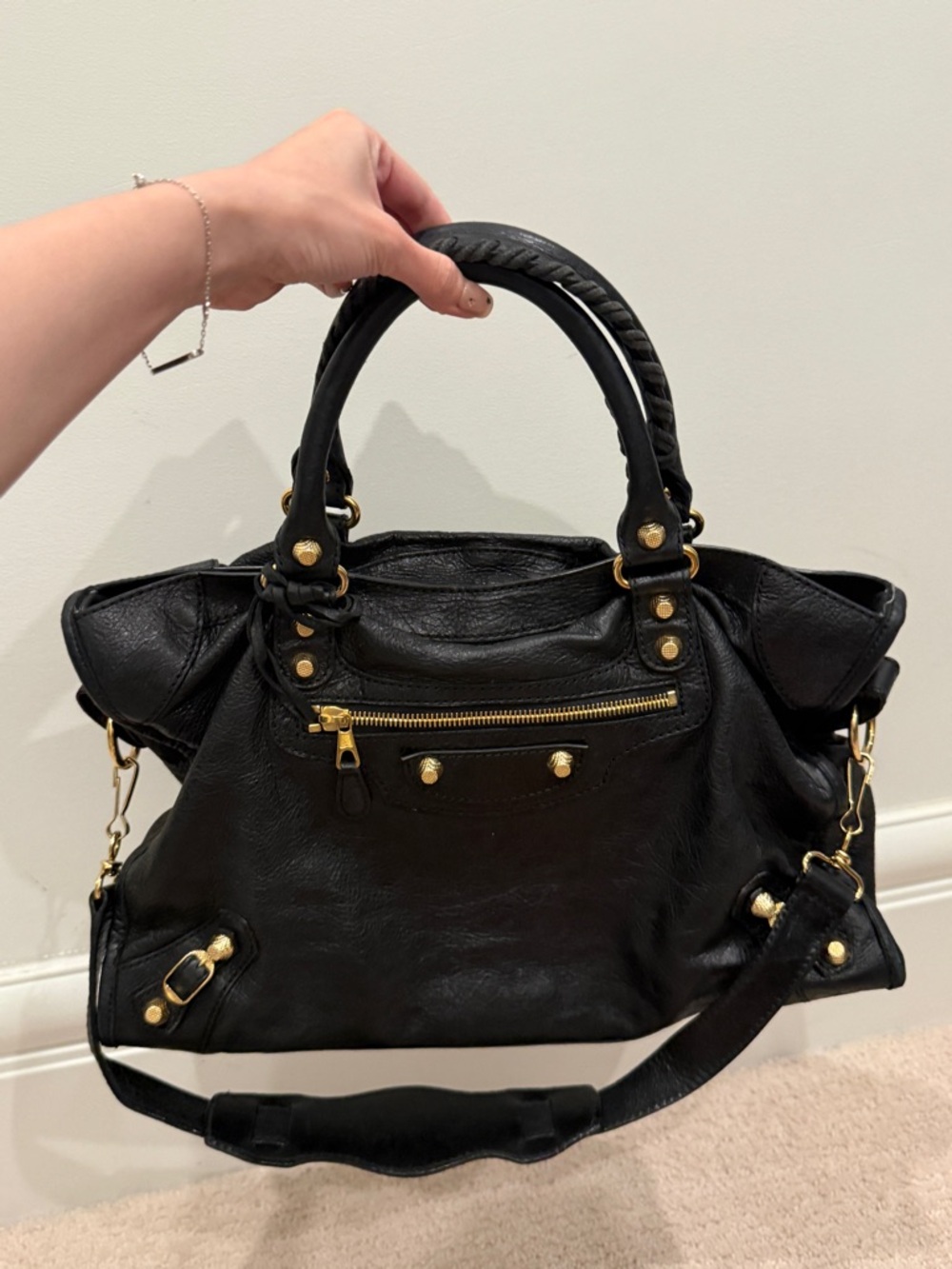 Balenciaga Black Leather Shoulder Bag with Gold Hardware